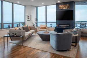 Modern seating area overlooking the lake